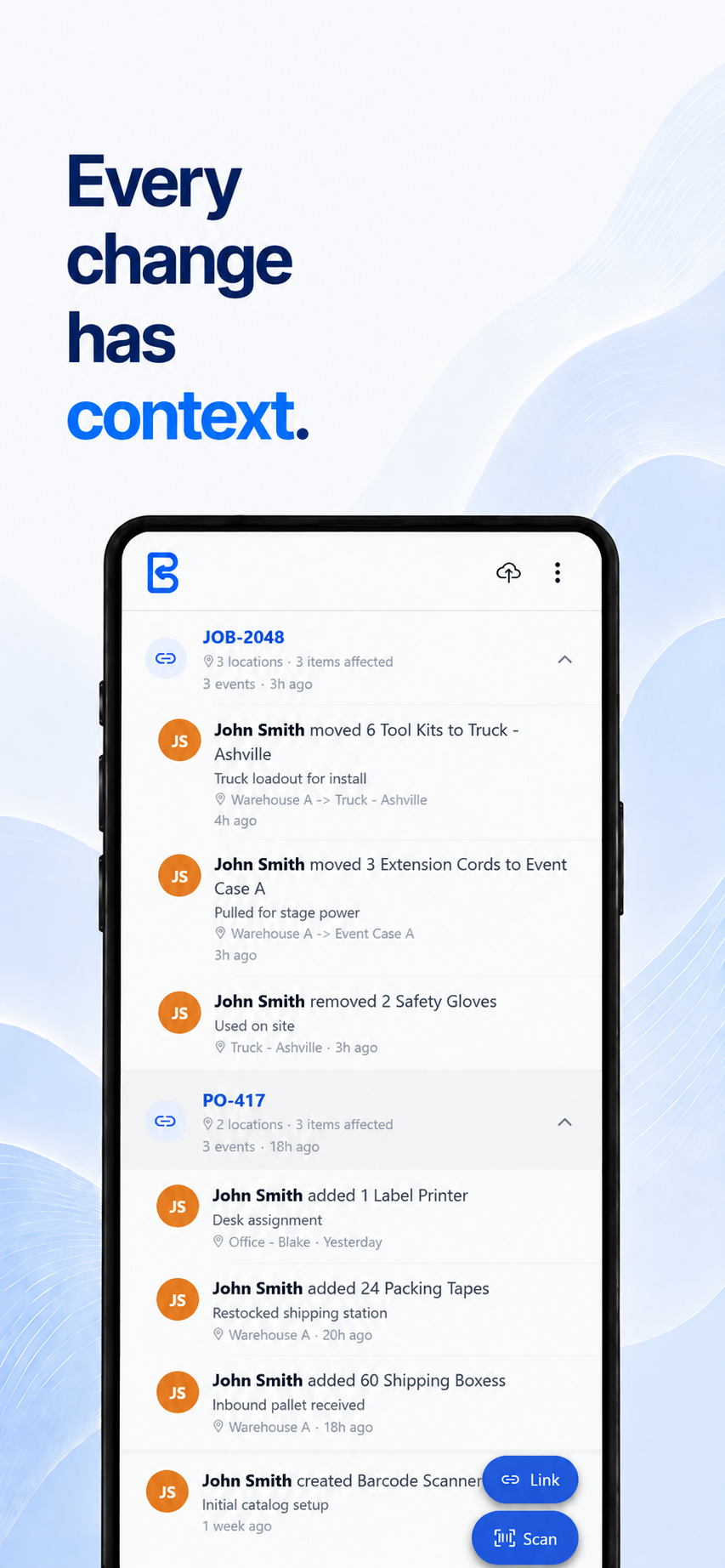 BinFlow grouped activity context screen