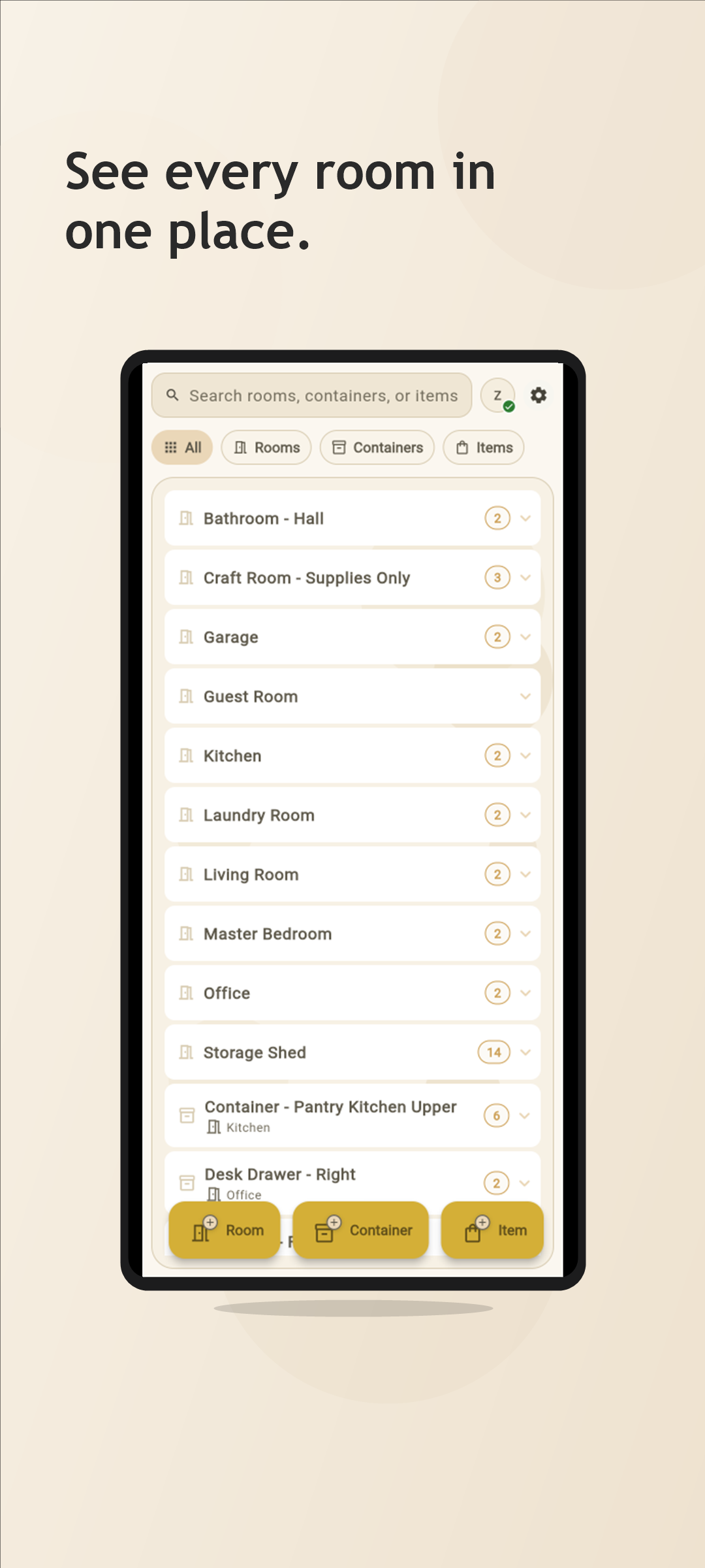 ZenStow home inventory screen