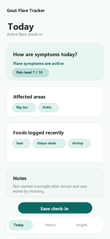 Today check-in screen showing active flare tracking